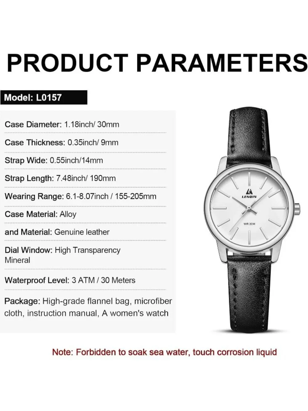 Ln Lenqin Womens Black Silver Analog Quartz Leather Strap Waterproof Wrist Watch